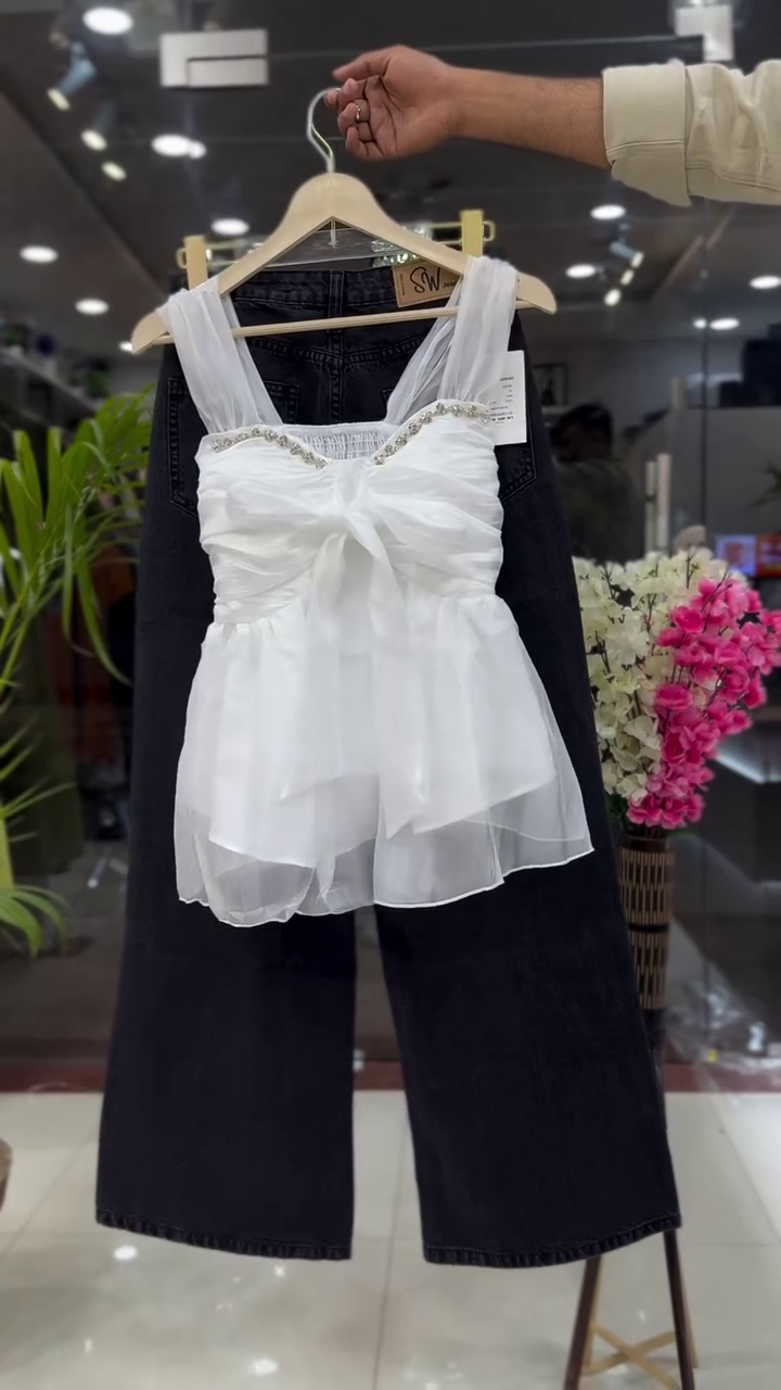 Elegant White Mesh Peplum Top with Chic Denim Combo ✨