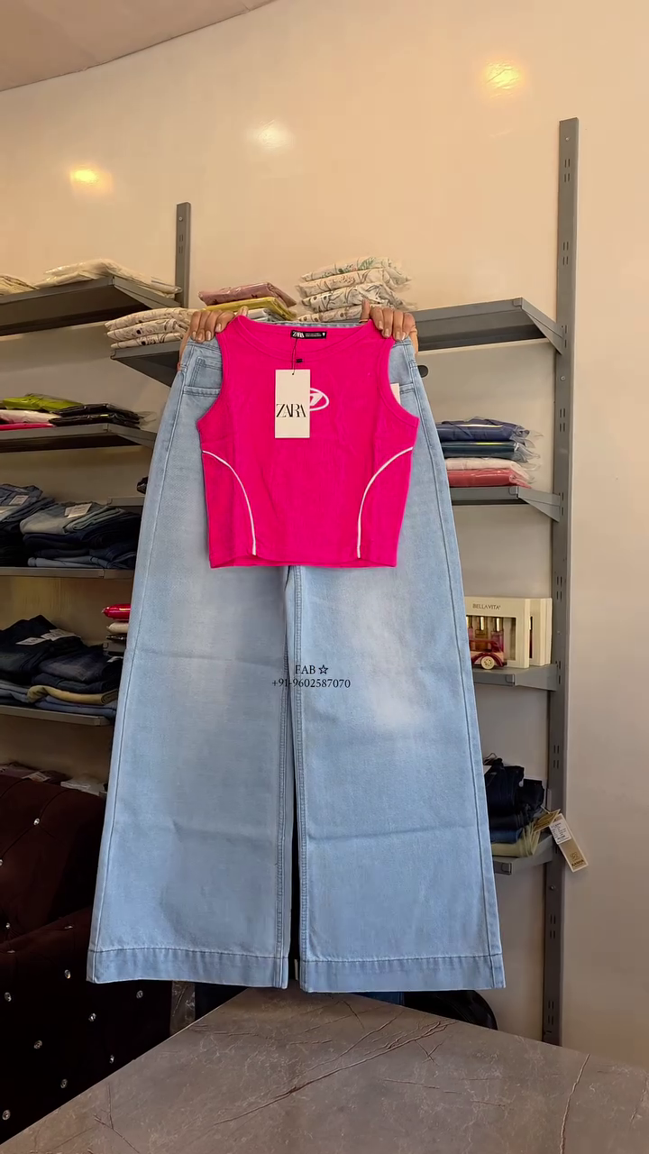 Bold Pink Crop Top with Denim – Eye-Catching & Trendy Look!