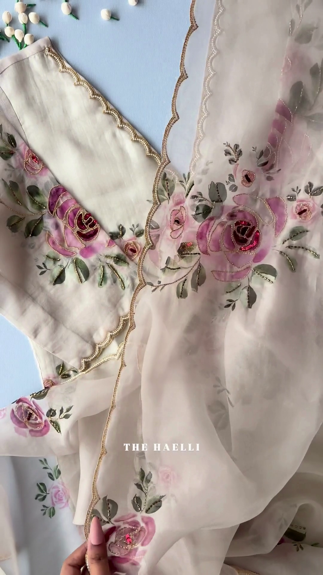 Elegant Floral Organza Suit – Soft, Sheer & Luxuriously Detailed