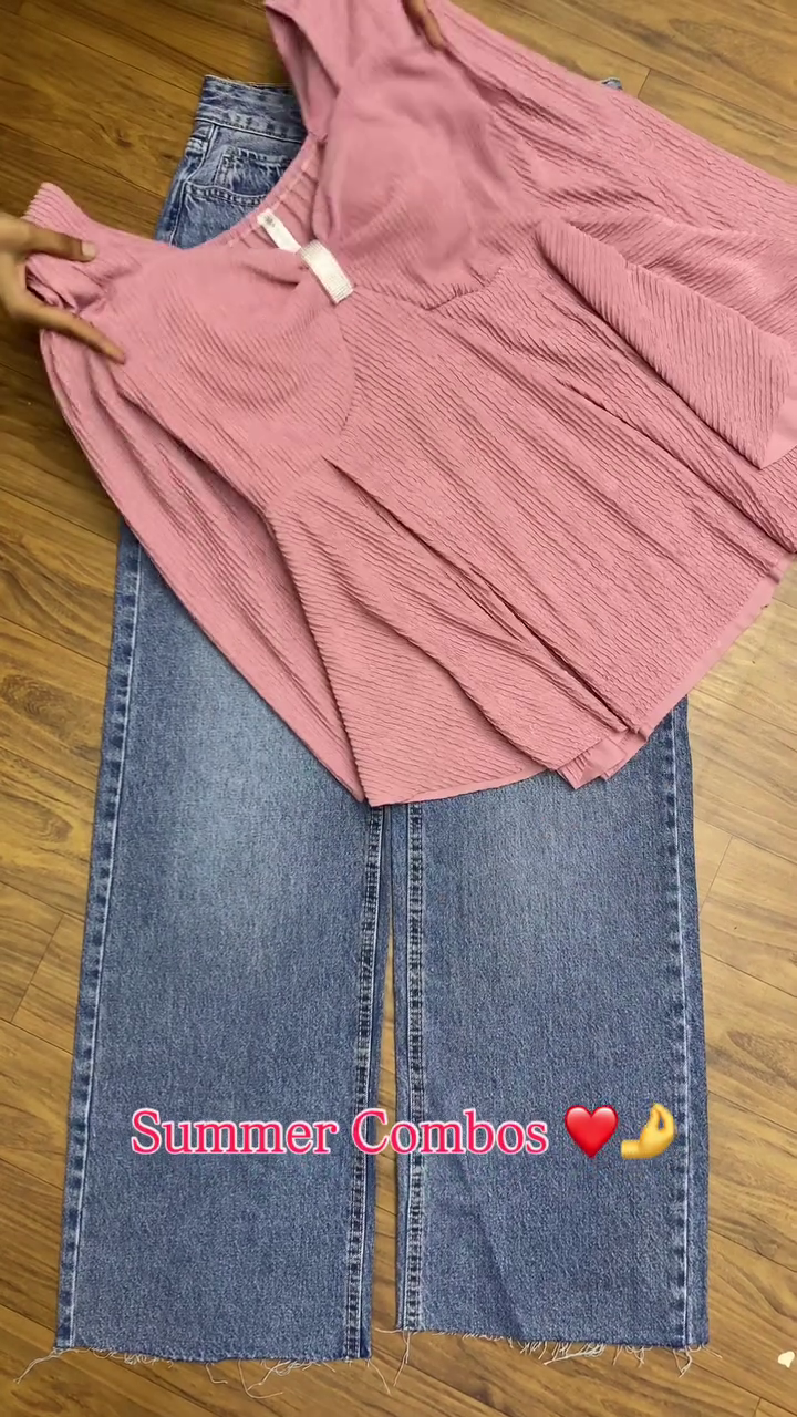 Chic Summer Combo – Textured Pink Top with Trendy Denim Jeans