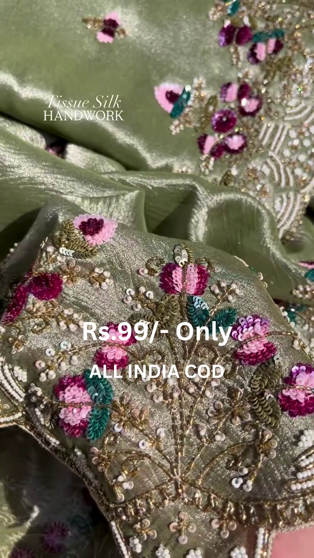 Premium Tissue Silk Handwork Fabric – Elegant Floral Embellished Design