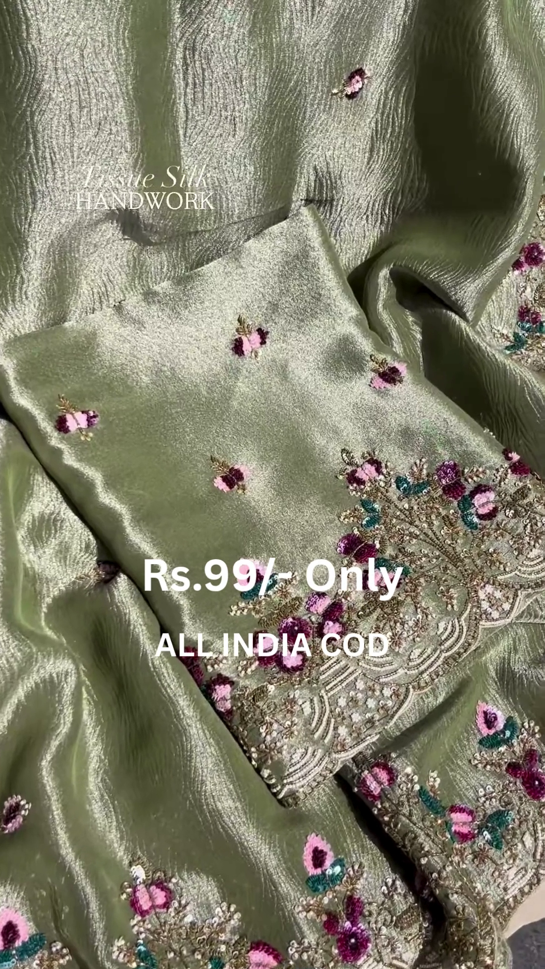 Premium Tissue Silk Handwork Fabric – Elegant Floral Embellished Design