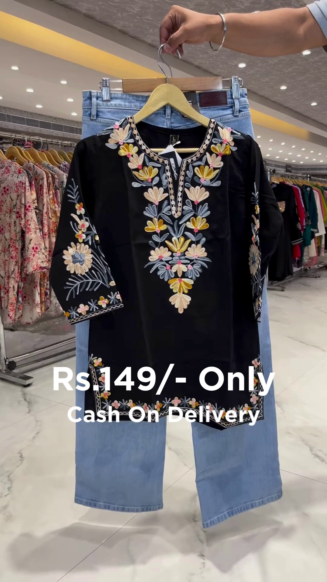 Chic Black Embroidered Kurti – Perfect Fusion with Denim Style