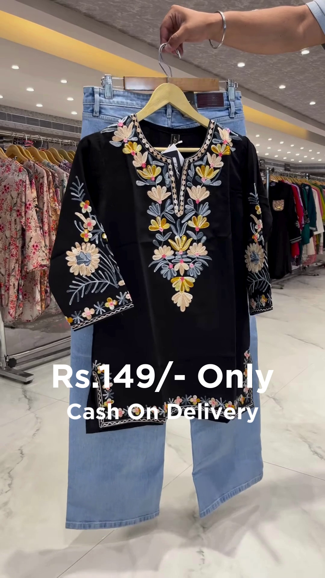 Chic Black Embroidered Kurti – Perfect Fusion with Denim Style