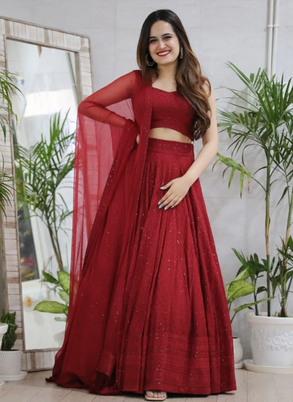 Maroon Anarkali Lucknowi Chikankari Work Lehenga – A Beautiful Fusion of Tradition and Elegance - Image 2