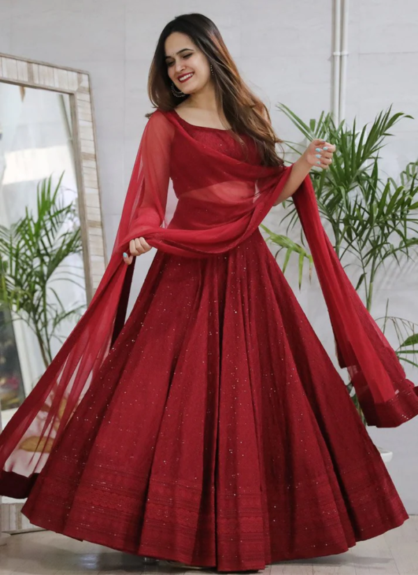 Maroon Anarkali Lucknowi Chikankari Work Lehenga – A Beautiful Fusion of Tradition and Elegance