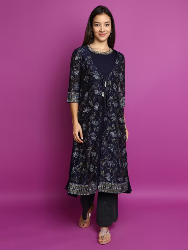 Navy Blue Three-Quarter Sleeve Layered Kurta – A Blend of Elegance and Comfort