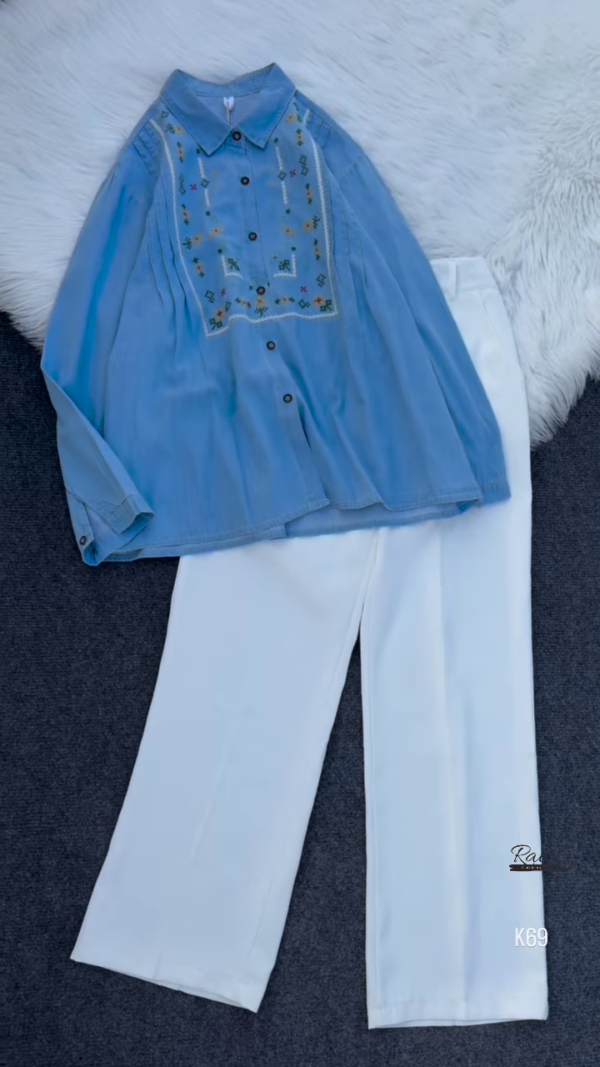 Embroidered Denim Shirt with White Wide-Leg Pants – Elegant & Stylish - Image 2
