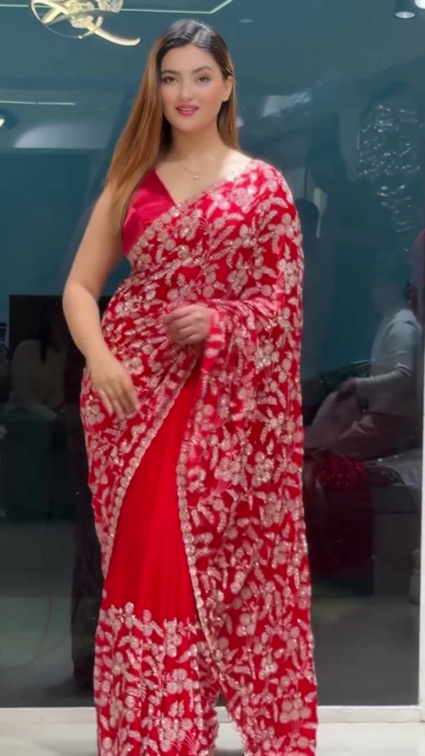 Elegant Red Threadwork Georgette Saree – A Fusion of Style and Tradition