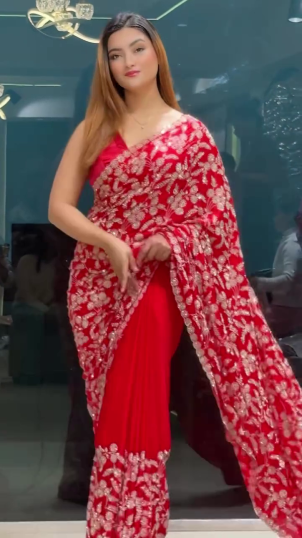 Elegant Red Threadwork Georgette Saree – A Fusion of Style and Tradition - Image 2