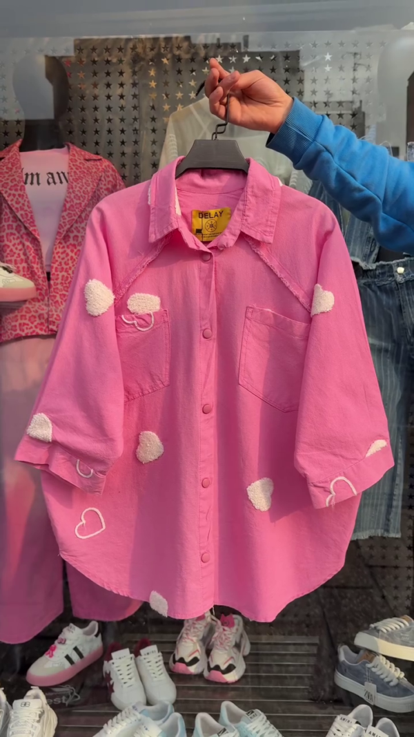 Trendy Oversized Cotton Shirt with Heart Embellishments – Available in 6 Colors