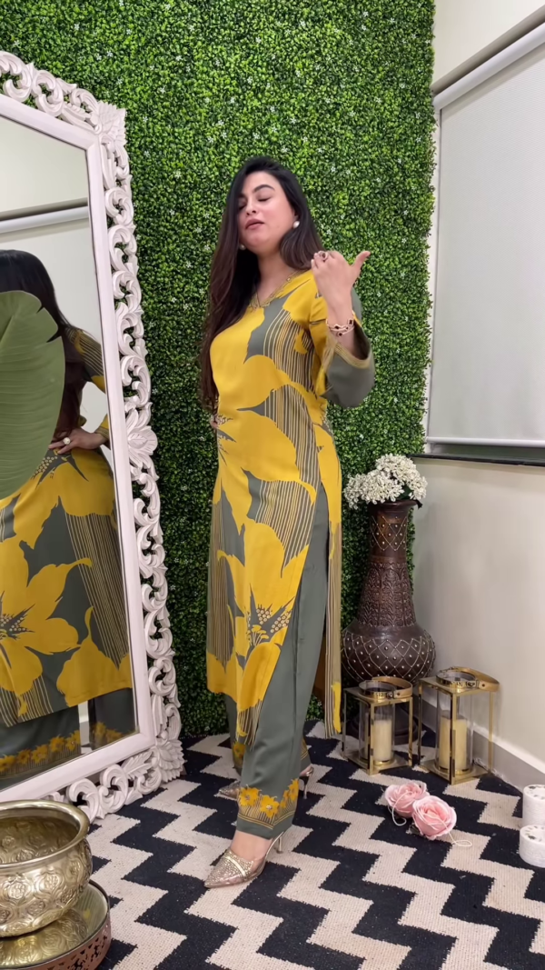 Floral Print Olive Green and Mustard Yellow Kurti