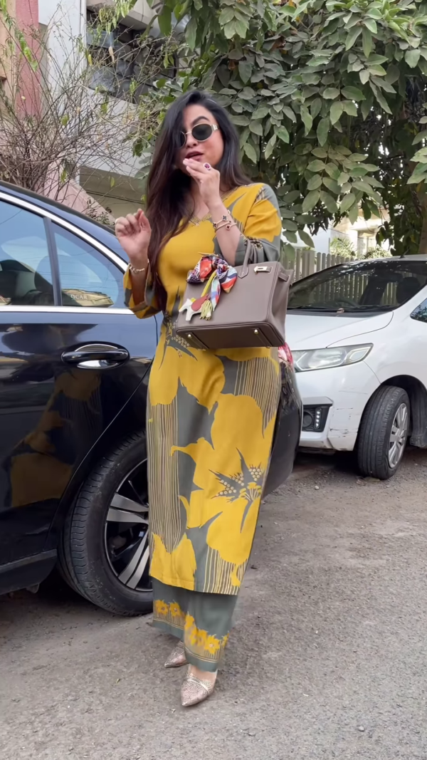 Floral Print Olive Green and Mustard Yellow Kurti - Image 4
