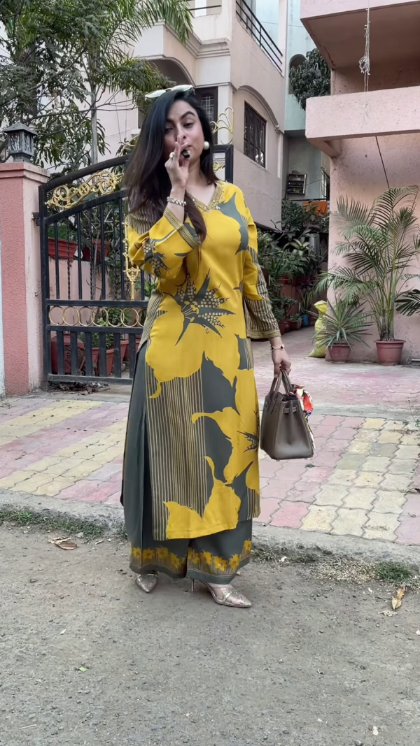 Floral Print Olive Green and Mustard Yellow Kurti - Image 3