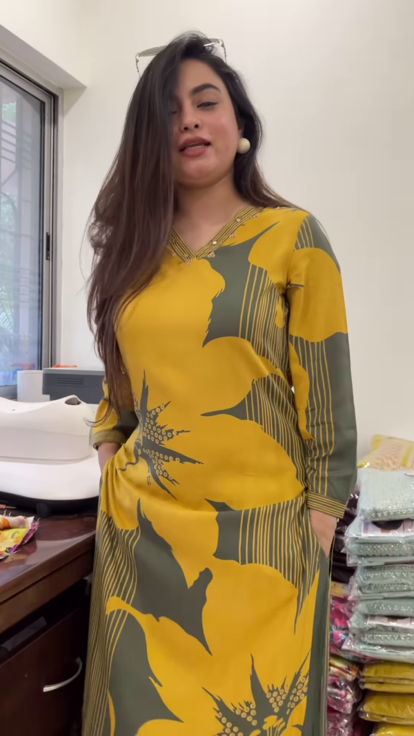 Floral Print Olive Green and Mustard Yellow Kurti - Image 2