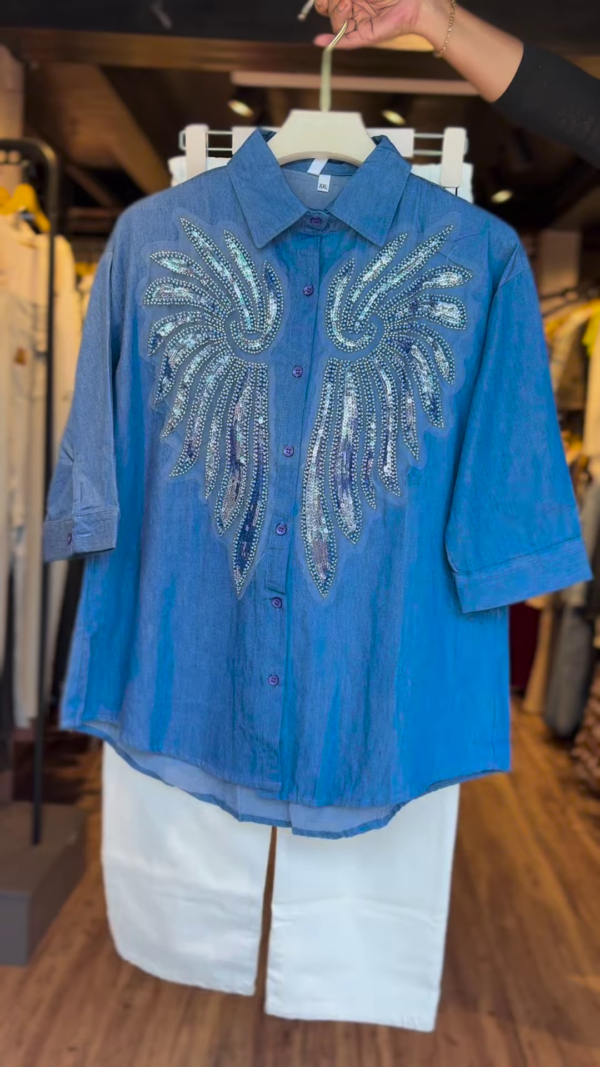 "Statement Rhinestone Angel Wings Shirt – Denim Blue"