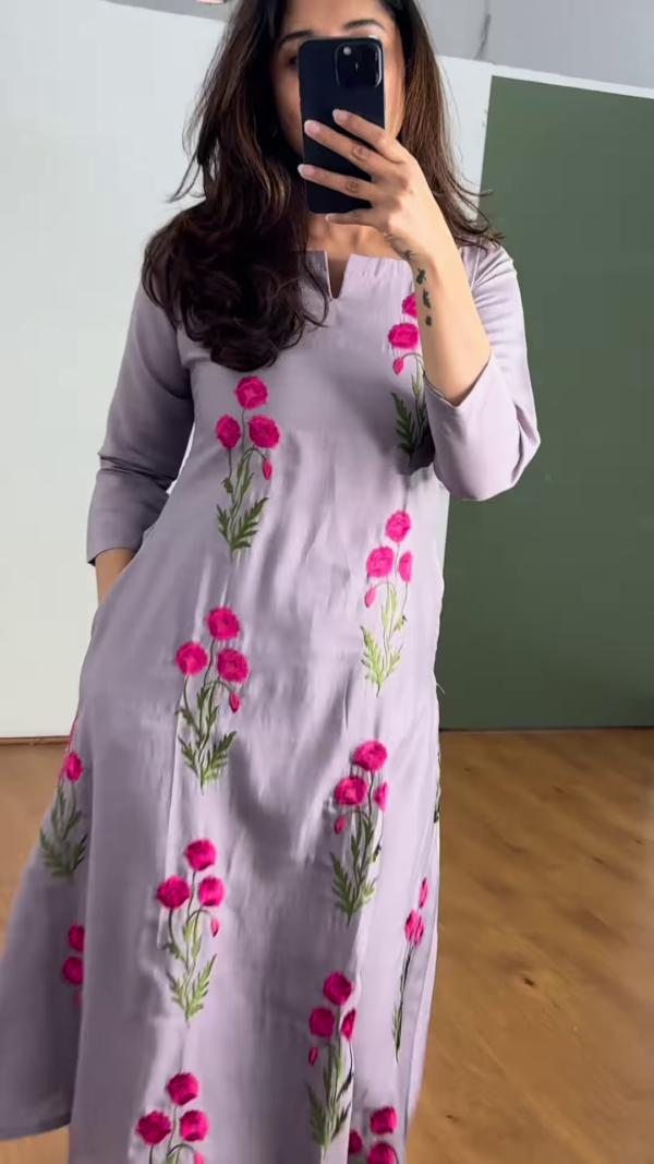 Lavender Bloom Embroidered Kurti – Grace in Every Thread 🌿 - Image 2
