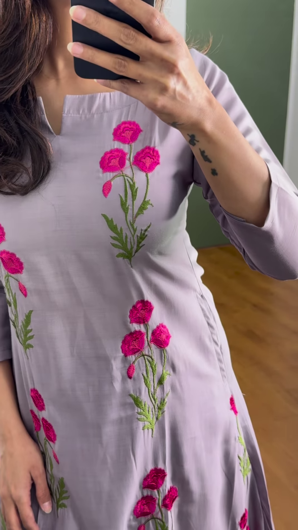 Lavender Bloom Embroidered Kurti – Grace in Every Thread 🌿