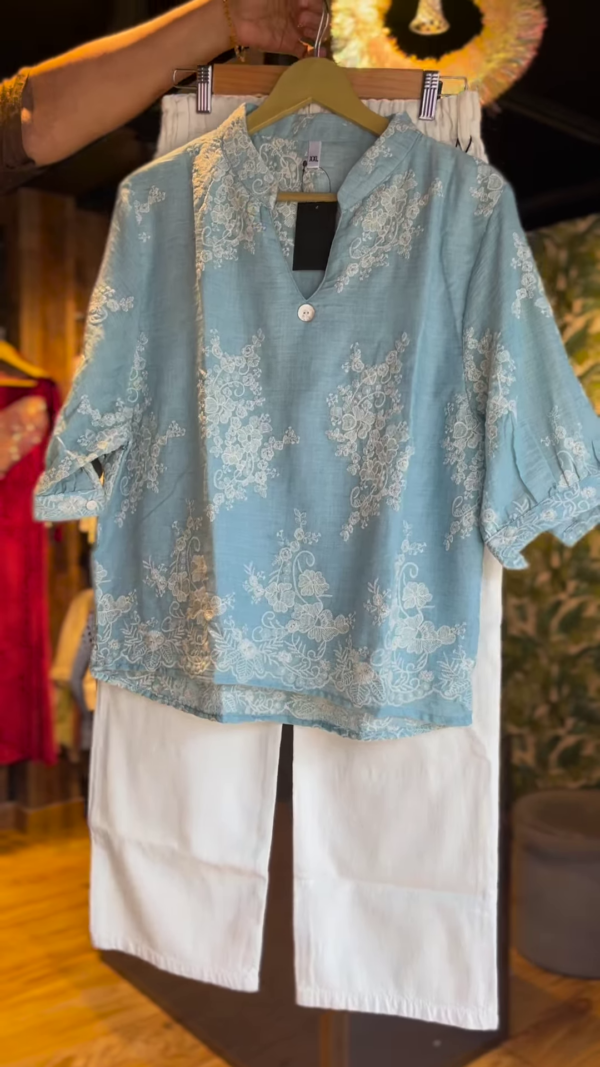 Aqua Whisper – Lace Embroidered Cotton Top & Pants Set