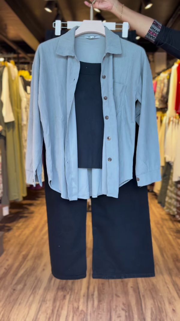 3-Piece Co-ord Set – Powder Blue Shirt with Black Crop Top & Pants