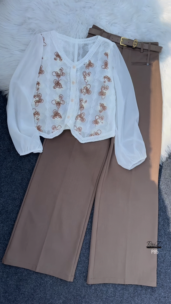 Elegant White Embroidered Top with Belted Wide-Leg Trousers – Chic Office & Casual Look - Image 2