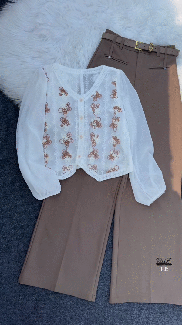Elegant White Embroidered Top with Belted Wide-Leg Trousers – Chic Office & Casual Look - Image 3