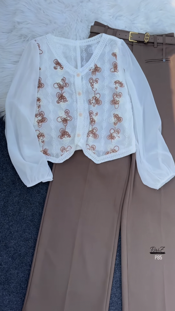 Elegant White Embroidered Top with Belted Wide-Leg Trousers – Chic Office & Casual Look
