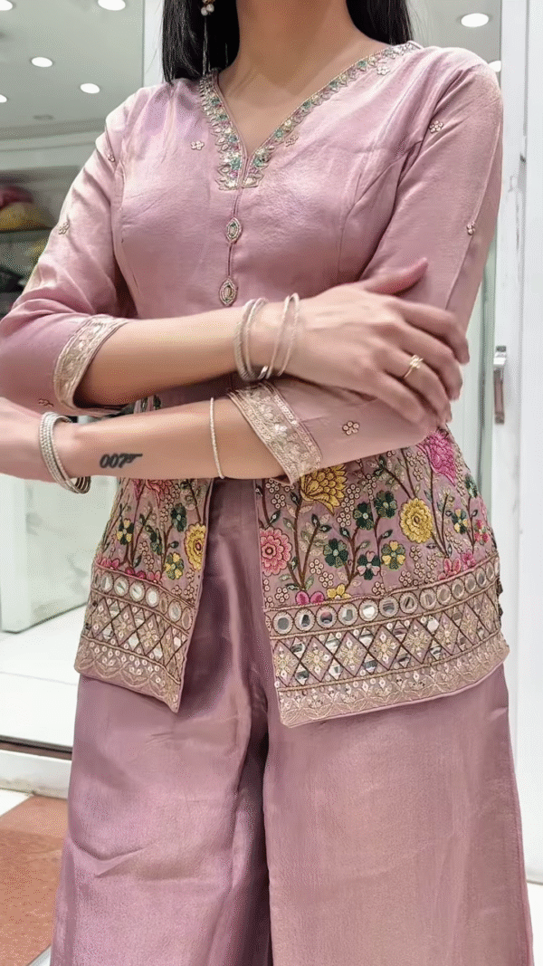 Dusty Rose Embroidered Kurta Set – Elegant Floral Threadwork with Palazzo & Dupatta - Image 2