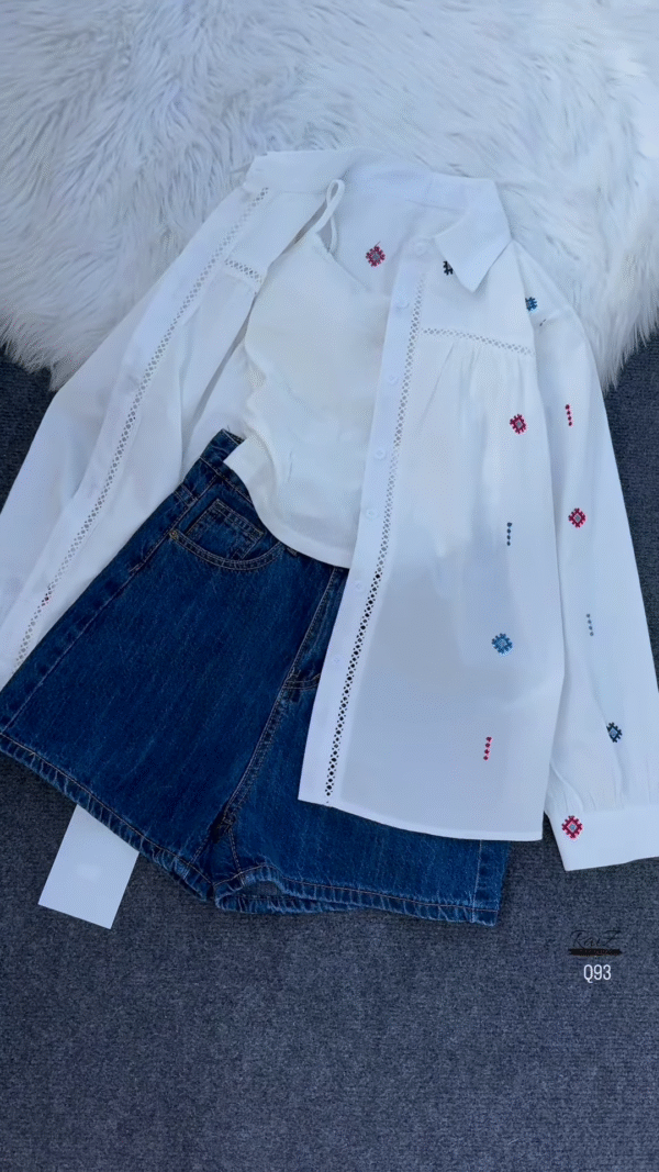 Boho Chic Embroidered Shirt with Denim Shorts – Summer Street Style - Image 4
