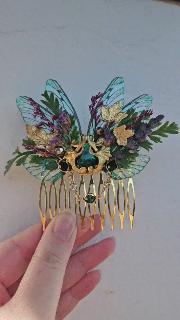 Fantasy Green Gem Fairy Wing Hair Comb" - Image 3
