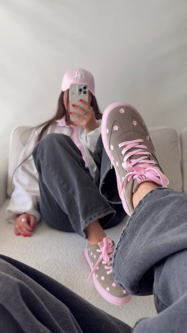 Stylish Grey and Pink Floral Sneakers