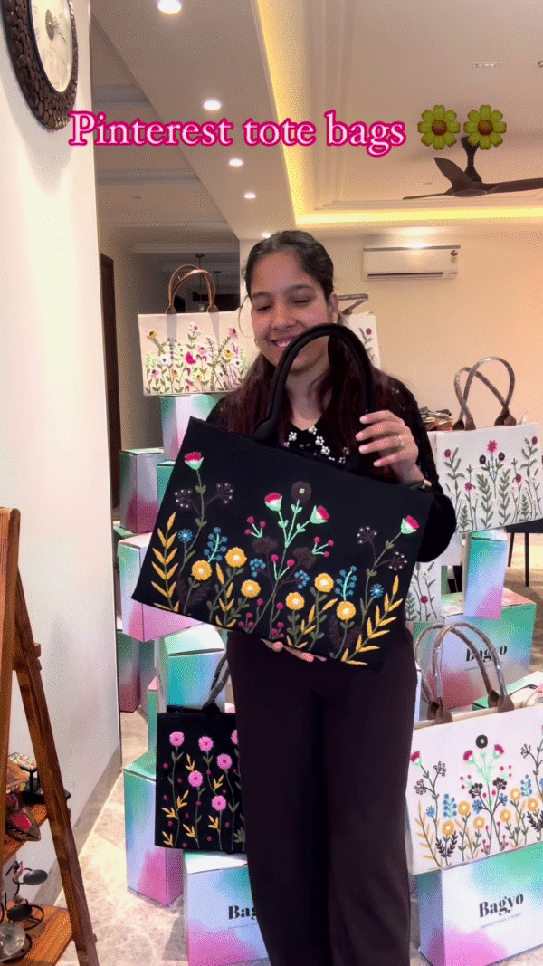 Elegant Black Tote Bag with Pink Floral Embroidery - Image 4