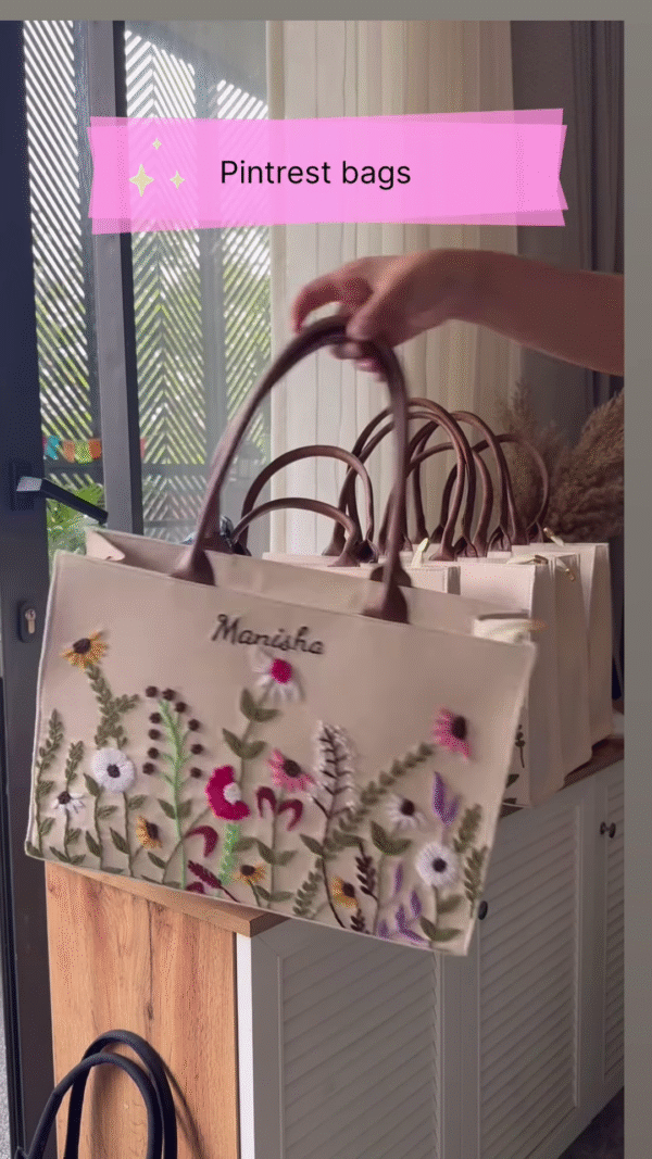 Personalized Cream Tote Bag with Floral Embroidery - Image 3