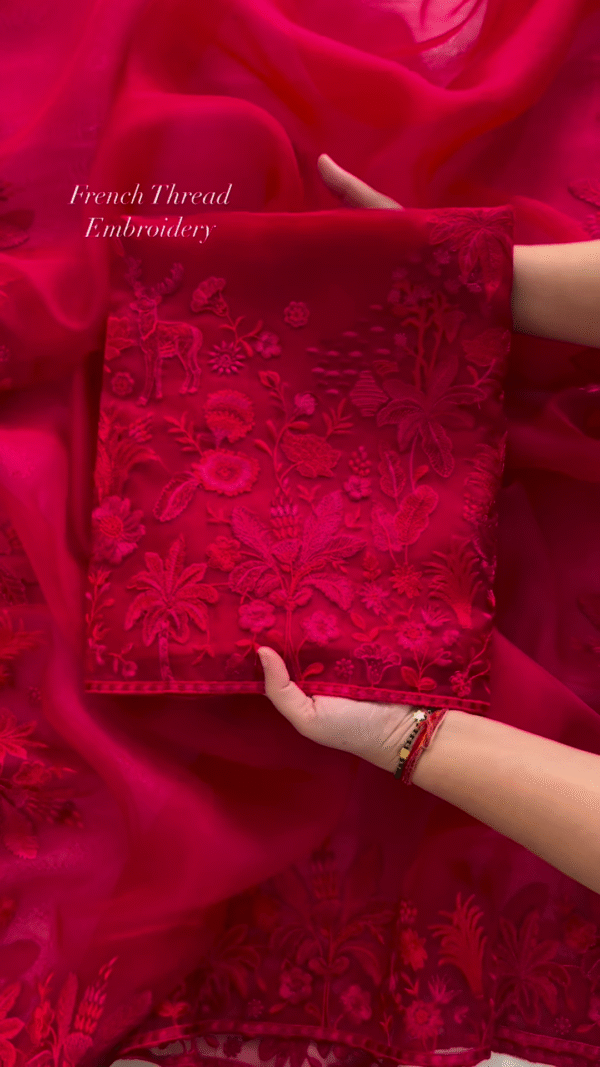 Luxurious Red Fabric with Intricate French Thread Embroidery - Image 2