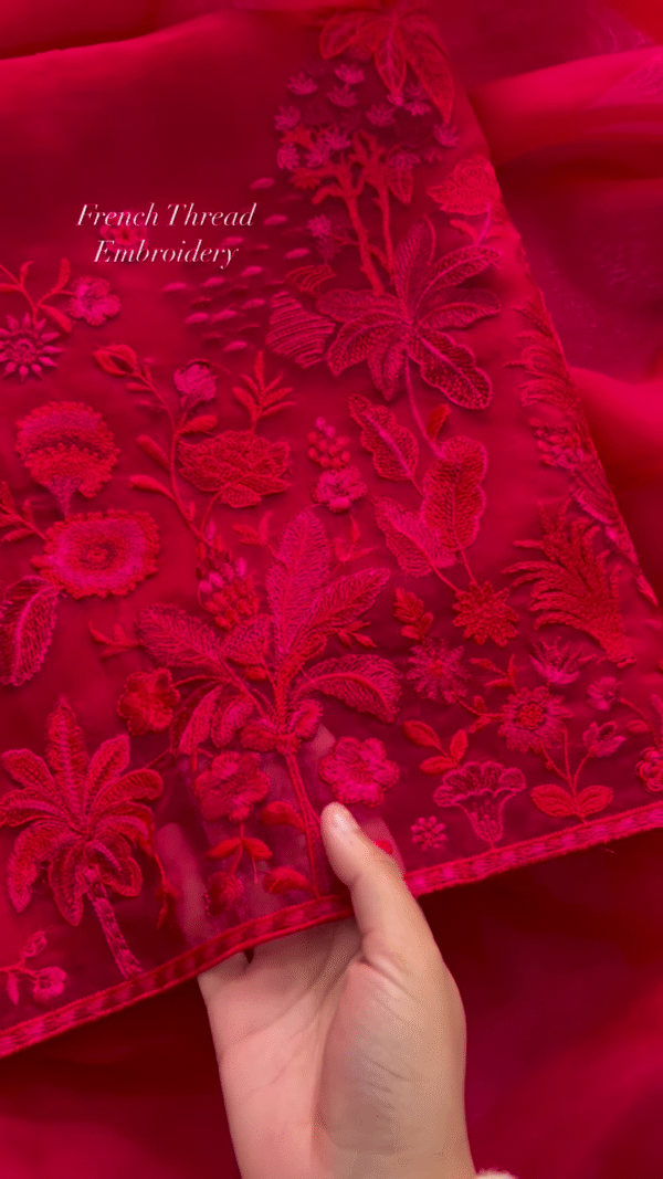 Luxurious Red Fabric with Intricate French Thread Embroidery - Image 3