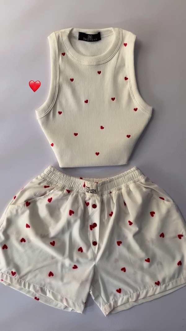 Adorable White Ribbed Tank Top and Shorts Set with Red Hearts - 6 Colors Available - Image 2