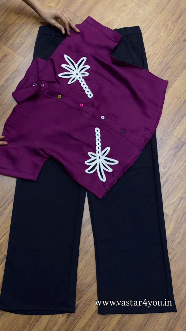 💜 Stylish Purple Embroidered Shirt & Black Wide-Leg Pants Set 🖤 - Image 2