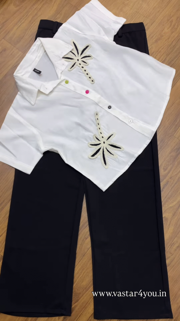 💜 Stylish Purple Embroidered Shirt & Black Wide-Leg Pants Set 🖤 - Image 3