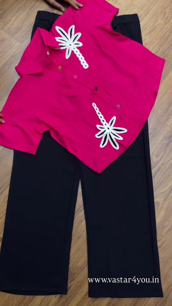 💜 Stylish Purple Embroidered Shirt & Black Wide-Leg Pants Set 🖤 - Image 4