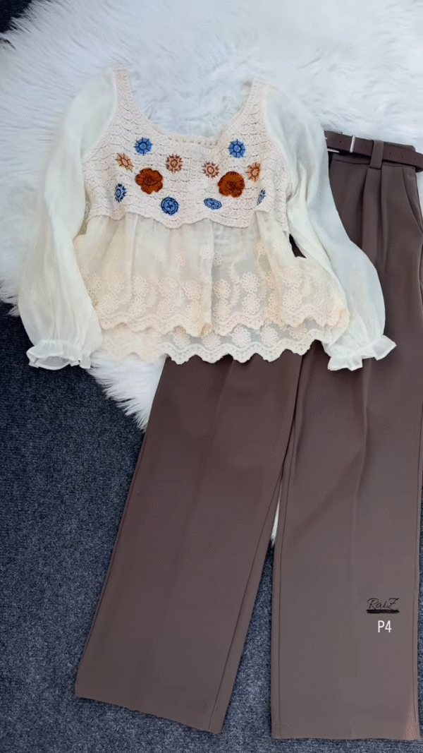 🍂 Bohemian Cream Layered Top with Crochet & Brown Wide-Leg Pants Set 🌼 - Image 2