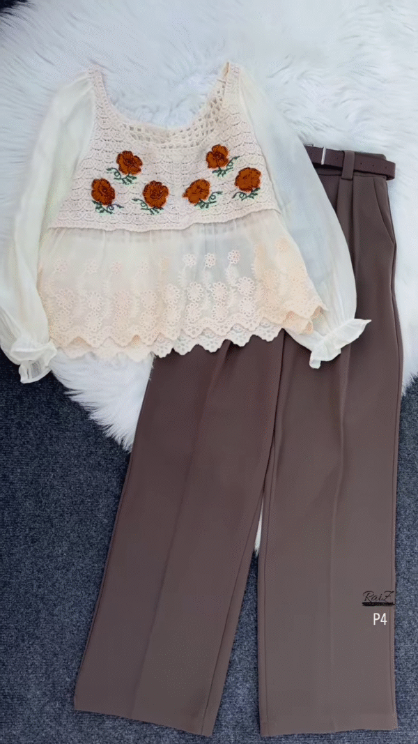 🍂 Bohemian Cream Layered Top with Crochet & Brown Wide-Leg Pants Set 🌼