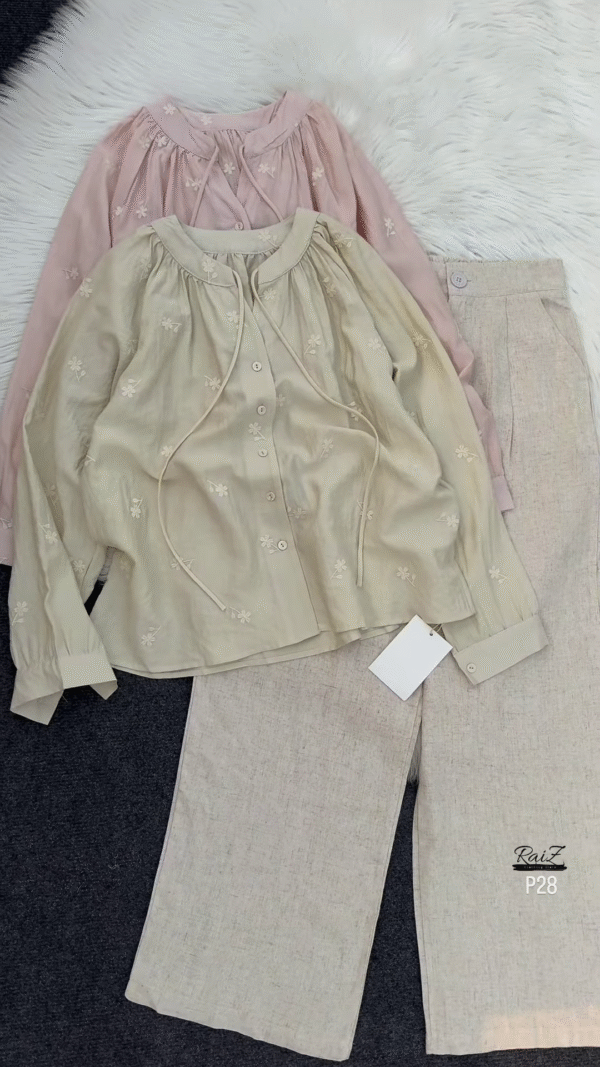 🕊 Elegant Beige Embroidered Drawstring Blouse & Wide-Leg Pants Set 🌿 - Image 2