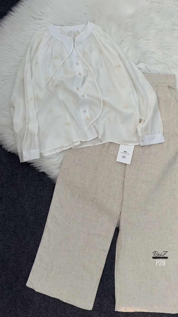 🕊 Elegant Beige Embroidered Drawstring Blouse & Wide-Leg Pants Set 🌿 - Image 5