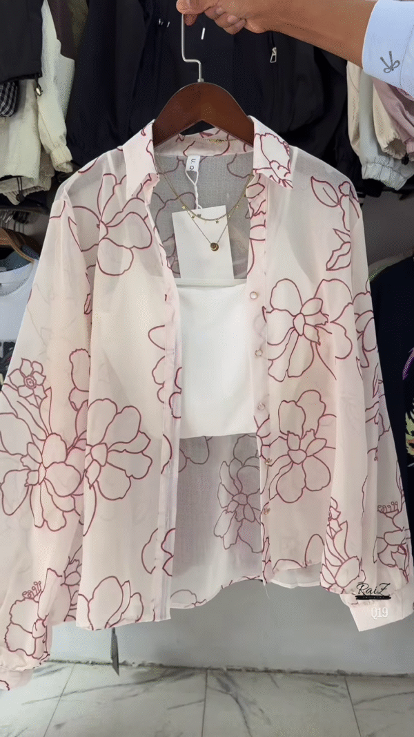 🌸 Breezy White Sheer Floral Oversized Shirt & White Crop Top Set 🤍 - Image 2