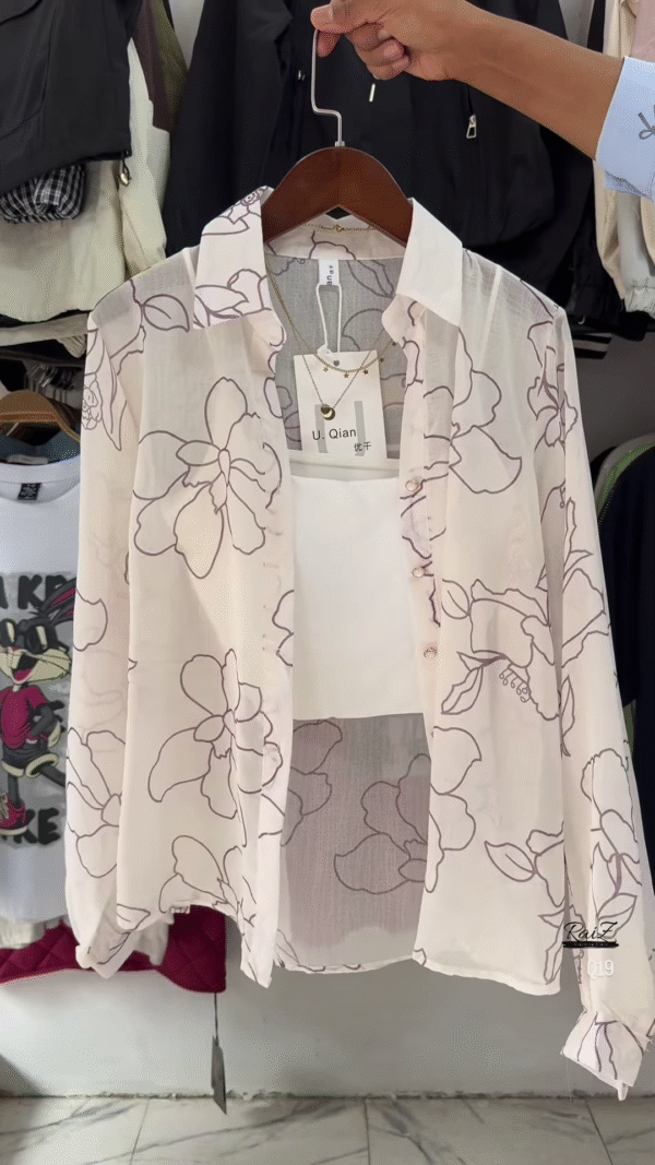 🌸 Breezy White Sheer Floral Oversized Shirt & White Crop Top Set 🤍 - Image 3