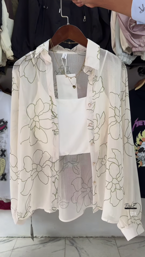 🌸 Breezy White Sheer Floral Oversized Shirt & White Crop Top Set 🤍