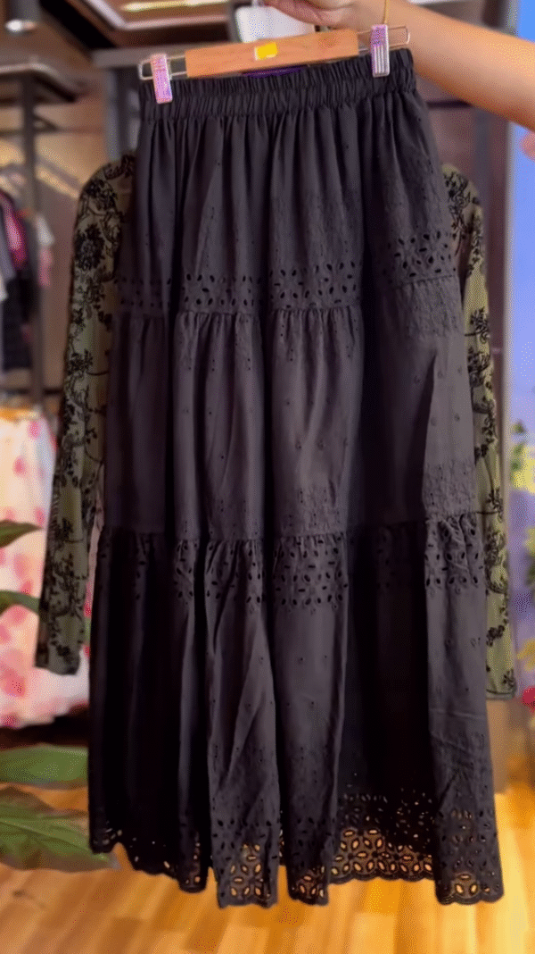 🖤 Elegant Olive Green & Black Patterned Top with Black Eyelet Midi Skirt Ensemble 🌿 - Image 2