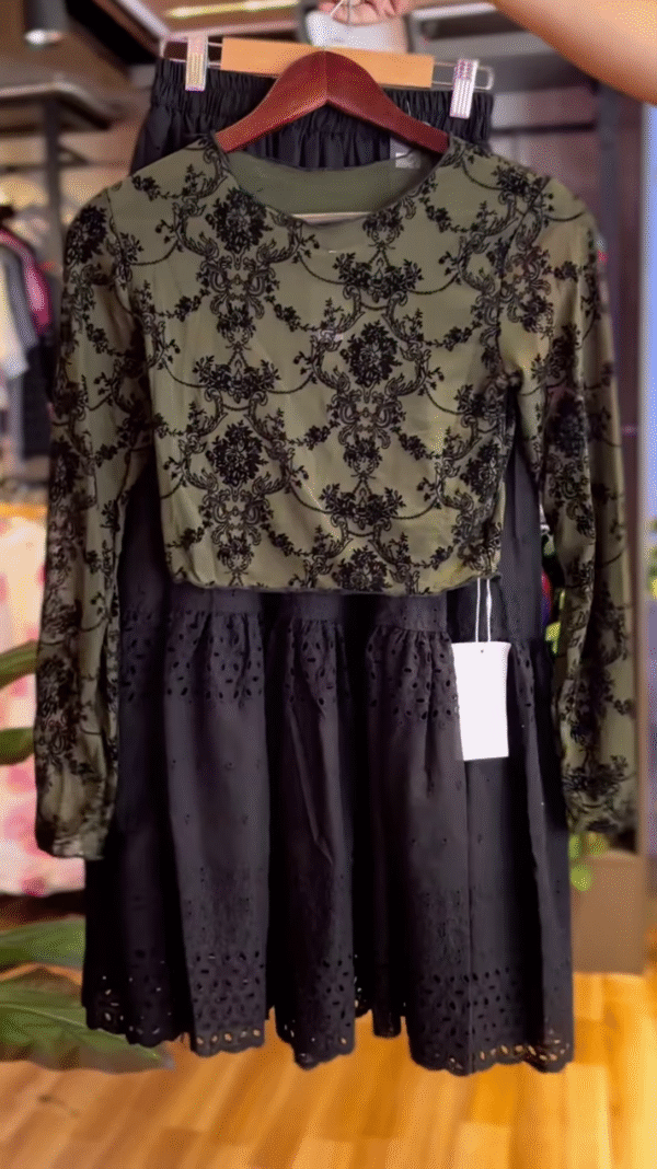 🖤 Elegant Olive Green & Black Patterned Top with Black Eyelet Midi Skirt Ensemble 🌿
