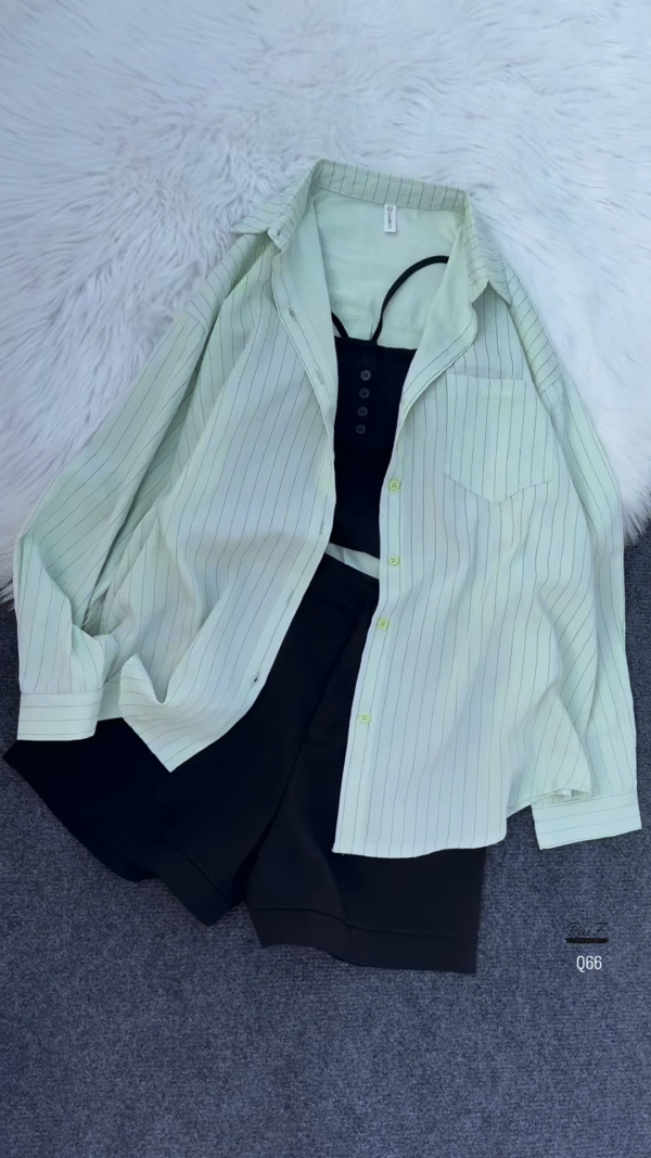 💖 Edgy Chic Sheer Pink Pinstriped Oversized Shirt, Black Crop Top & Shorts Set 🖤 - Image 5