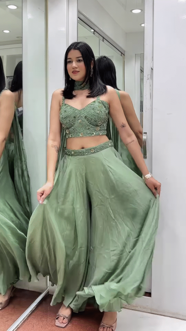 🌿 Ethereal Sage Green Embellished Crop Top & Flowing Palazzo Pants Set 💚 - Image 2